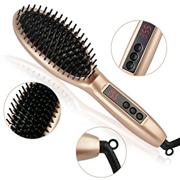 Hair Straightening Brush By NeBeauty— Ceramic Hair Detangler — Electric Straightening Iron — Auto Shut-Off Protection — Features LED Display & Push Button Temperature Change,Golden