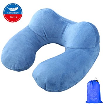 FREEMASTER Inflatable Travel V Neck Pillow Train Travel Flight Car Pillow (Blue Grey)