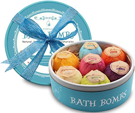 Bath Bombs, 7 Large Organic Fizzing Bath Bombs with Gift Box - Great for Birthdays Christmas Gifts for Families Lover Friends Women - Relaxation With added Detox Ability by PURENJOY
