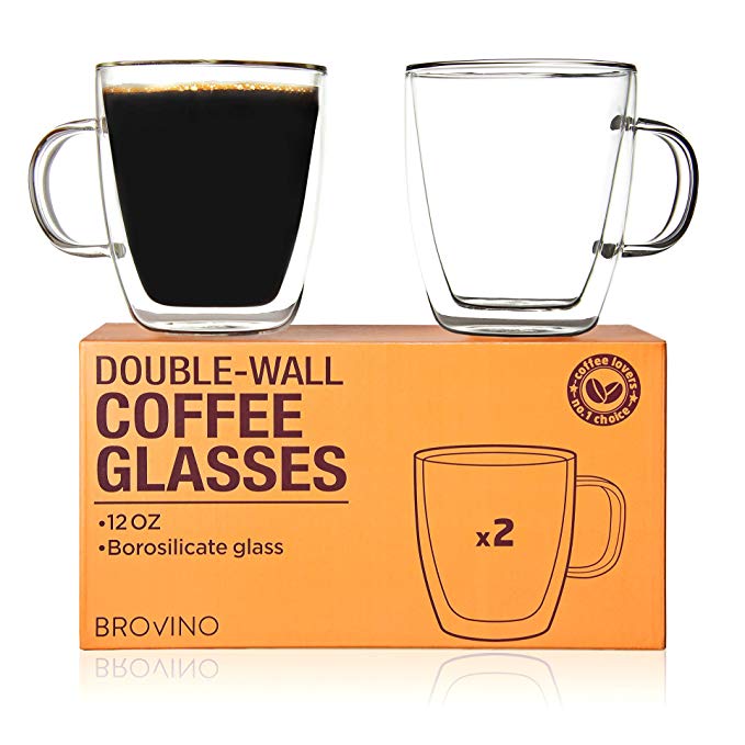 Large Double Wall Glass Coffee Mugs with Handle - Set of 2 Insulated Tea Glass Cups of 12 oz - 350 ml