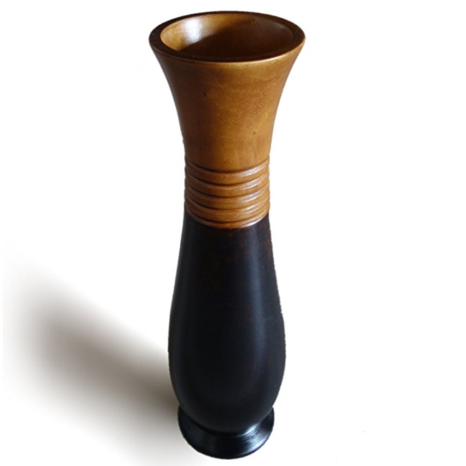 RoRo Black Brown / Tan Mango Wood Vase, 14 Inch tall classic hourglass shape