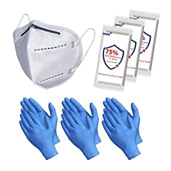 Face Mask and Gloves Set with Sanitizing Wipes, Personal Protection (PPE), 1 5-ply Face Mask, 3 Pairs Disposable Gloves and 3 Sanitizing Wipes, Adult