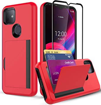 SunRemex T-Mobile Revvl 4 Plus Case with Tempered Glass Screen Protector,Revvl 4 Plus Card Holder Case Kickstand with Credit Card Protective Wallets Cover for T-Mobile Revvl 4 Plus Phone (Red)