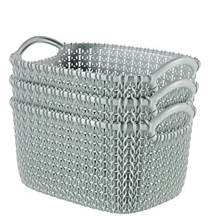 Curver KNIT Style Small Nesting Storage Baskets Resin Plastic Rectangular 3-Piece Set, Misty Blue