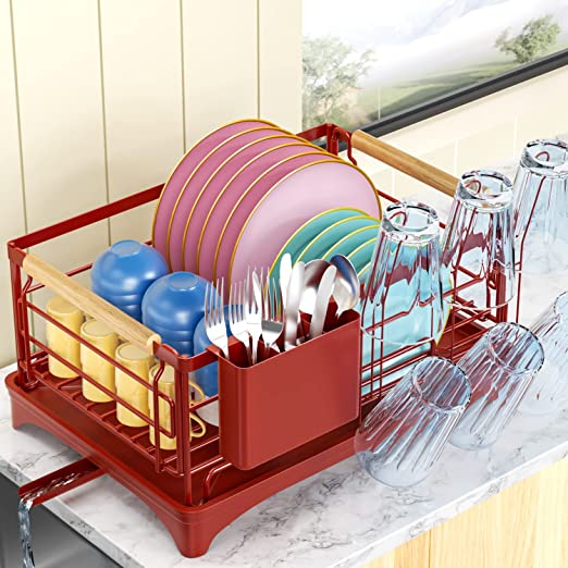 G-TING Dish Drying Rack, Dish Rack for Kitchen Counter, Rust-Proof Dish Drainer with Drying Board and Utensil Holder for Kitchen Counter Cabinet, 16.6” L× 12.6”W× 7.8”H, Dark Red