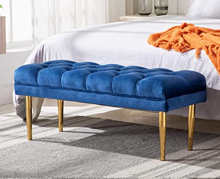 Guyou 17" Elegant Velvet Tufted End of Bed Bench with Deep Buttons, Modern Upholstered Entryway Ottoman Bench Footrest Stool with Gold Plating Legs for Living Room Foyer Bedroom (Blue)