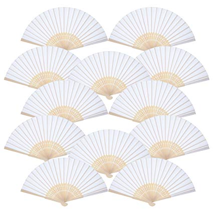 Bememo 12 Pack Hand Held Fans Silk Bamboo Folding Fans Handheld Folded Fan for Church Wedding Gift, Party Favors, DIY Decoration (White)