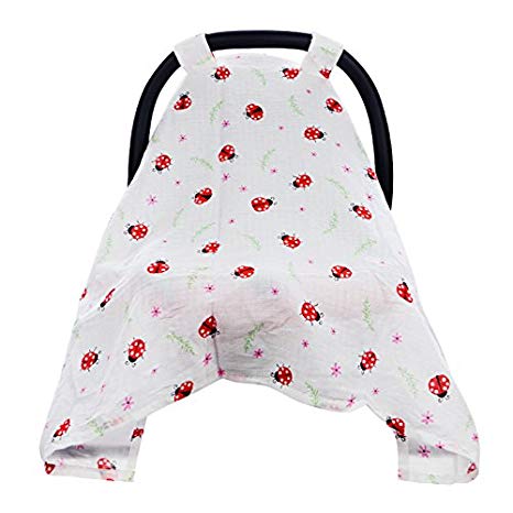 Hi Sprout Breathable Cotton Muslin Canopy Car Seat Cover for Girls and Boys,Ladybug