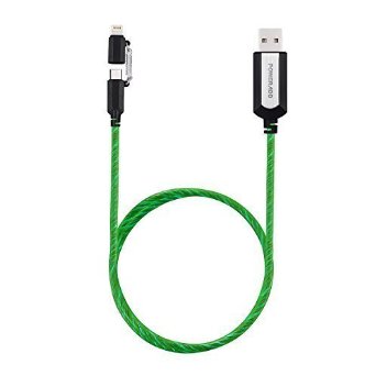 Poweradd 2 in 1 USB Sync Data Cable Charging Cable with Flowing EL Light Cord and Apple MFi Certified for Micro and Lightning Cell Phone and Tablet 33ft - Green