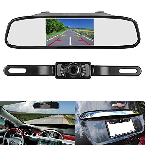 LeeKooLuu Reverse/Rear View Camera and Mirror Monitor Kit Only Wire Single Power Rear View/Full Time View Optional for Car Truck With 7 LED Night Vision WaterProof Grid Lines