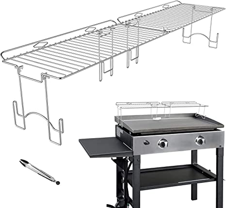 RUSFOL Durable Stainless Steel Griddle Warmimg Rack with a Food Tong, Compatible with 36" Blackstone Griddle, Keep Your Food Warm & Spa ce Saving BBQ Accessories, Free from Drill Hole&Easy to Install