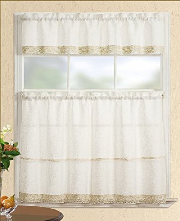 Fancy Collection 3pc Beige Decoration Kitchencafe Curtain Tier and Swag Set