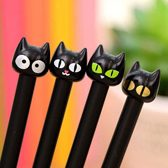 Bluelans 4pcs Cute Cartoon Black Cat Gel Ink Pen Rollerball Pens for Office School Student, 0.5mm Tip Rollerball Pens (Black Cat Gel Ink Pen - 4 Pens)