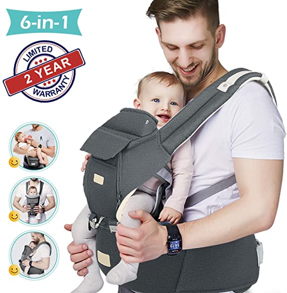 FRUITEAM Baby Carrier, Baby Carrier with Waist Stool, Easy Care for Newborn, 6-in-1 Multifunctional Baby Carrier (Dark Grey)