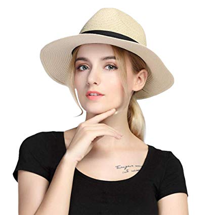 Taylormia Womens UPF 50  Wide Brim Panama Straw Hat Foldable Fedora Beach Sun Hat
