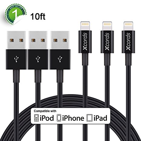 Xcords (TM) 3Pack Extra Long 10FT Lightning to USB Charger Cable