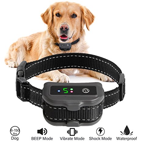 No Bark Collar for Dogs, HOSYO Upgrade Smart Barking Detection Dual Anti-Barking Modes with 5 Levels Beep Vibration Harmless Shock for 6-150 Pounds Dogs, IP67 Waterproof No-Bark Training Collar