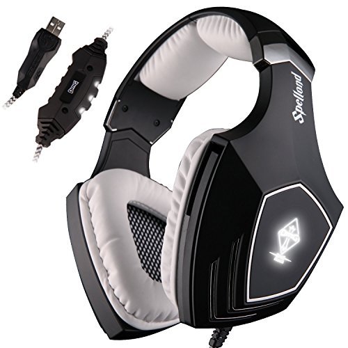 SADES Wired Surround Sound PC USB Gaming Headset Stereo Over Ear gaming Headphones with Microphone Noise Cancelling Volume Control LED Light BlackWhite