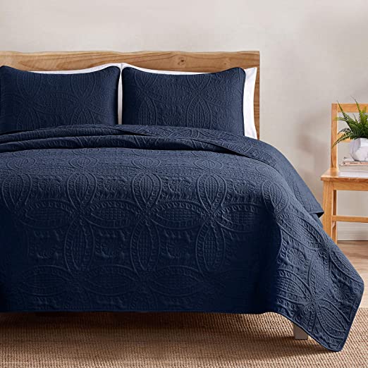 VEEYOO Bedspread Quilt Set Full/Queen Size - Soft Microfiber Lightweight Coverlet Quilt Set for All Season, Quilt Set 3 Piece (1 Quilt, 2 Pillow Shams), Navy