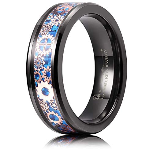 Three Keys 6mm 8mm Steampunk Gear Wheel Blue Carbon Fiber Red Opal Deer Head Black Tungsten Wedding Ring