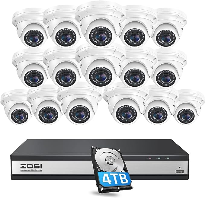 ZOSI 16 Channel 4K POE Security Camera System,H.265 4K 8MP 16CH NVR with 4TB HDD,16 x 5MP CCTV PoE IP Dome Camera Outdoor Indoor,80FT Night Vision,Remote Access for Home Business 24/7 Recording