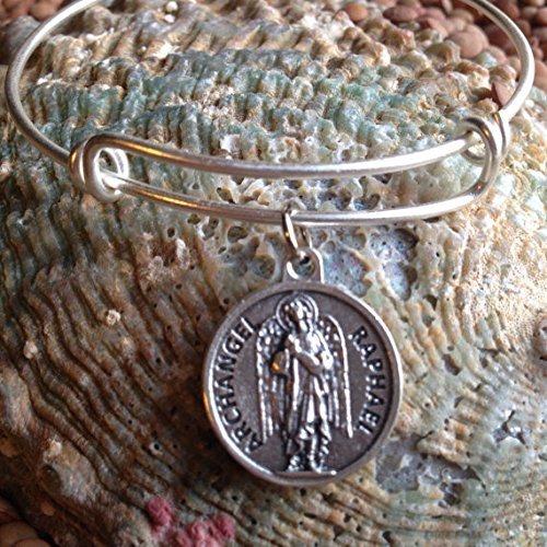 Archangel Raphael Medal Silver Expandable Charm Bracelet with Prayer on Back
