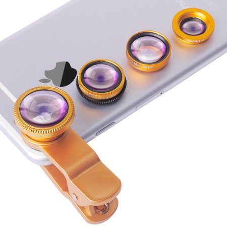 Evershop® Universal 4 in 1 Camera Phone Lens Kit Clip on Fish Eye Lens 2 in 1 Macro Lens Wide Angle Lens   CPL Lens, Applying to Samsung Galaxy,iPhone,Sony,Huawei,HTC,LG and All Models(Golden)