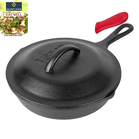 Lodge L5SK3 8" Pre-Seasoned Cast Iron Skillet with LID | Small Skillet for Stovetop, Oven or Camp Cooking | Grill, Induction Safe | SALIENT HOME Recipes Cookbook