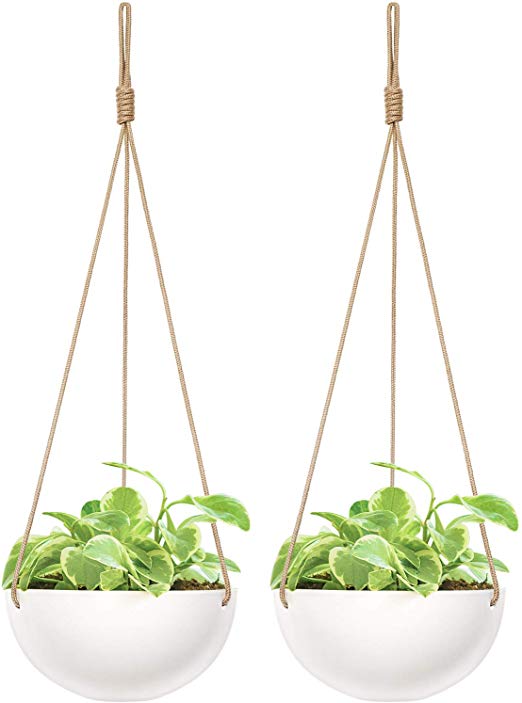 Mkono 2 Pack Ceramic Hanging Planter Modern Round Flower Plant Pot 9 Inch Porcelain Hanging Basket with Polyester Rope Hanger for Indoor Outdoor Herbs Ferns Ivy Crawling Plants, White