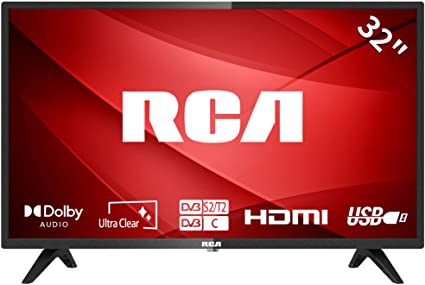 RCA RB32HD1A 32 Inch TV, Freeview HD Dolby Digital Audio TV, DVB T2/S2 HD LED Backlighting Display, HDMI USB Earphone Output Media Player Monitor for PS5 Xbox, Small TV for Bedroom Kitchen Black