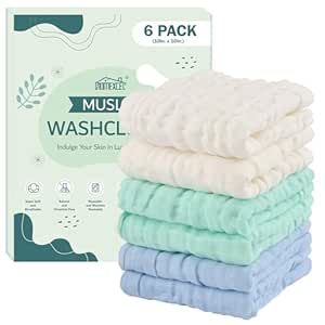 HOMEXCEL Face Wash Cloths 6 Pack, Reusable Makeup Remover Cloths Soft Muslin Washcloths for Sensitive Skin, 10 x 10 Inch Face Towels for Washing Face (White-Green-Blue)