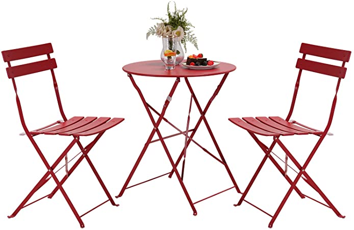 Grand patio 3pc Metal Folding Bistro Set, 2 Chairs and 1 Table, Weather-Resistant Outdoor/Indoor Conversation Set for Patio, Yard, Garden (Dark red)