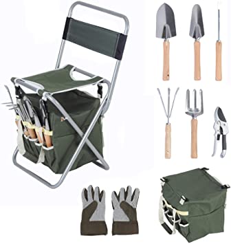 LUCKYERMORE Garden Tool Set 9 Piece Heavy Duty Gardening Tools with Ergonomic Wooden Handle Sturdy Stool with Detachable Tool Kit Perfect for Different Kinds of Gardening