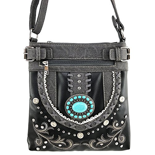 Justin West Western Tooled Floral Rose Laser Cut Rhinestone Concho Buckle Messenger Bag Purse with Long Crossbody Strap