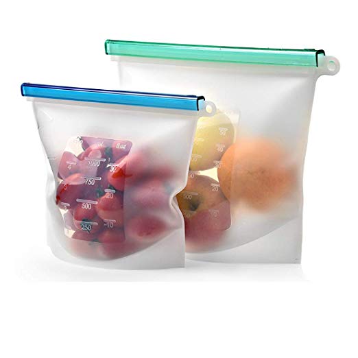 Reusable Silicone Food Storage Bag Set of 2 - Large Size 50 OZ - Airtight Zip Seal Bags Keep Your Food Fresh. Bag for Cooking, Sous Vide, Lunch, Snack, Sandwich, Freezer. Abimars (50 30 OZ, Clear)