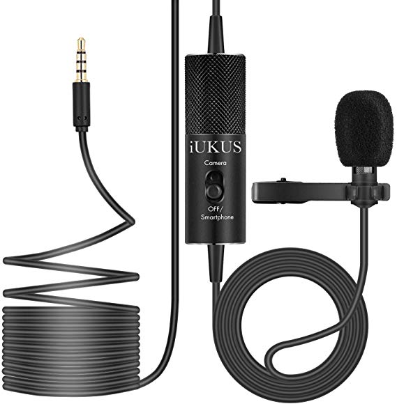 Lavalier Microphone, IUKUS Professional Clip-on Lapel Mic Omnidirectional Condenser Lavalier Microphone with 6M/19FT Cord for Camera/Smartphone