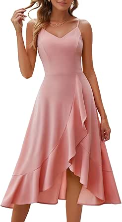 DRESSTELLS Women's Cocktail Dress, 2024 Bridesmaid High Low Wedding Guest Dress, Summer Strap Ruffle Homecoming Dress