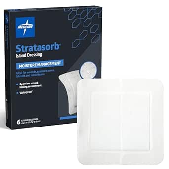 Medline Stratasorb Sterile, 4” x 4” Composite Island Dressing with Non-Adherent Gauze Pad, Waterproof Back, Protects Wounds, Can Be Worn Up to 7 Days, 6 Per Box, Not Made with Natural Rubber Latex
