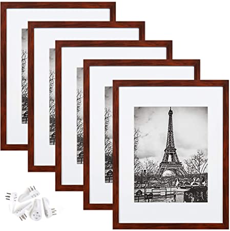 upsimples 11x14 Picture Frame Set of 5,Display Pictures 8x10 with Mat or 11x14 Without Mat,Wall Gallery Photo Frames,Mahogany
