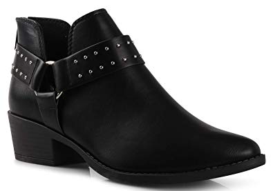 Women's Madeline Western Almond Round Toe Slip on Bootie - Low Stack Heel - Zip Up - Casual Ankle Boot