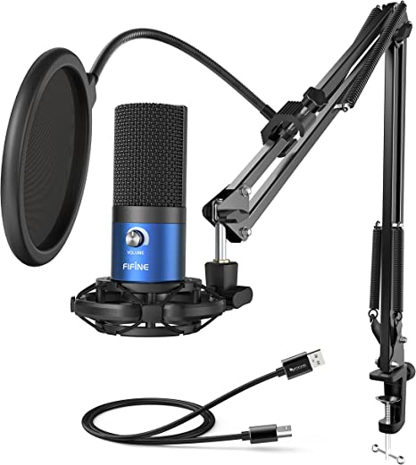 FIFINE USB Recording PC Microphone Kit, Computer Condenser Cardioid Mic on Mac Windows PS4/PS5, for Streaming, Podcasting, Gaming, Video, Home Use, with Gain Knob, Arm Stand-T669 Blue