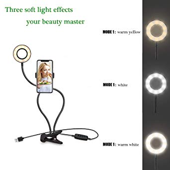 Selfie Ring Light with Cell Phone Holder - Umsky Ring Light Suitable for Live Stream/Makeup，3 Light Mode 10 Brightness 48 LED Bulb 360° Rotating Swan Neck Stand for iPhone/Android Cell Phone (Black)