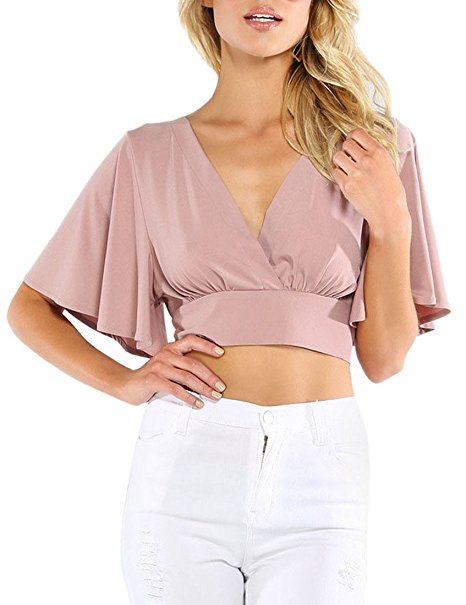 Milumia Women's Sexy Deep V Neck Short Sleeve Crop Tops