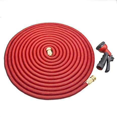 OROROW 100ft Expanding Garden Hose with Triple Latex Core Brass interface Solid Brass Connector, 8 Functions Sprayer Hose Nozzle, Lightweight & Durable, No Twist & Kink - for all Watering Needs(Red)