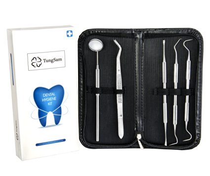 Dental Hygiene Kit by TungSam® - Includes Tarter Scraper/Scaling Instrument, Dental Toothpick,Tweezers, Mouth Mirror - Professional Surgical Grade Dentist Approved Tools