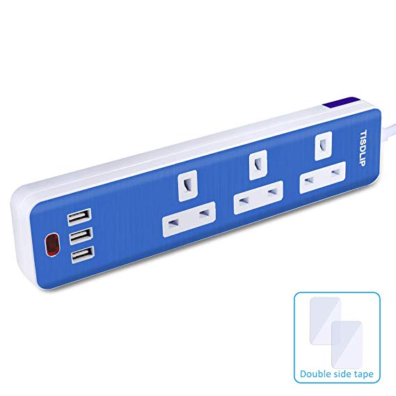 TISDLIP Extension Lead with USB Ports with Surge Protected 3 Sockets 2M Blue