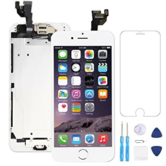 Screen Replacement for iphone 6 White 4.7" LCD Display Touch Digitizer Frame Assembly Full Repair Kit, with Home Button, Proximity Sensor, Ear Speaker, Front Camera, Screen Protector, Repair Tools