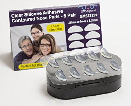 GMS Optical® 1.3mm Ultra-Thin Anti-slip Adhesive Contoured Silicone Eyeglass Nose Pads with Super Sticky Backing - 5 Pair (Clear)