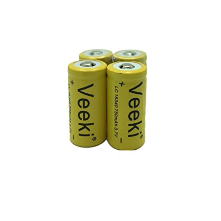 Rechargeable CR123A Battery, Veeki VK-BT16340 RCR123A 3.7V 700mAh Protected Li-ion 16340 Batteries 4Packs for High Drain Device (yellow)