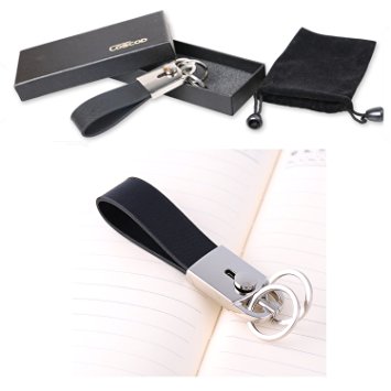 COSCOD Dual Ring Key Chain, Genuine Leather Keychain Ring Holder Gift Box